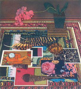 A pile of images and other trinkets are scattered across an ornate rug, and an orchid sits in its back corner.