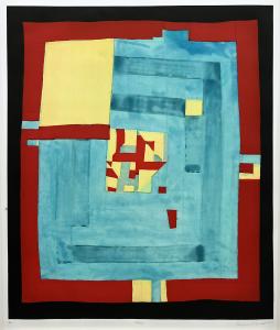 An abstract rectangular shape is made up of quilt panels in blue, yellow, and red.