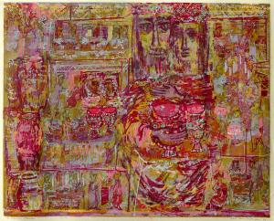 In this gestural swirl of pink, yellow, and green paint, two central figures, who are holding cups and wearing crowns, embrace each other. In the background, individuals sitting at counters, standing in lines, and leaning over a cradle are also distinguishable, as well as various jars and other scenes. 