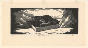 Cloaked in shadows, one hand holds a woodblock as the other hand engraves it.