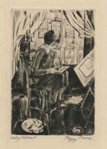A woman sits in a chair by the window, working intently on a drawing, with an easel displaying a female nude in front of her and a cat curled up by her feet. Neighbors can be seen watching from their windows across the street.