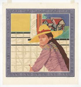 A woman with long, dark hair wearing a wide-brimmed yellow hat and a purple dress looks back at the viewer pensively while she rests her chin in her hand. Behind her is a wall of tiles which also includes a window showing a house in the top right corner and a yellow rectangle in the top left.