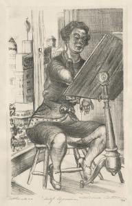 A woman sits at an easel in front of a window, and she appears focused as she works on an artwork. 