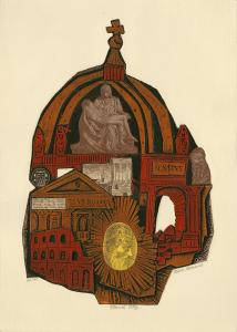 A collage of drawings and images from Rome and classical architecture forms the rough shape of a basilica.