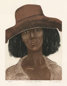 A portrait of a woman wearing a wide-brimmed brown hat, shown from the shoulders and above.