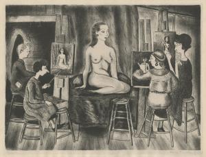A nude woman poses in front of a backdrop while other women seated at easels paint her likeness.