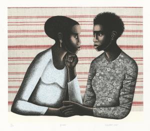 Two individuals face each other, holding hands and looking at one another intently. The area behind them is decorated with red stripes.