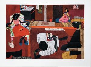 Represented in a collage-style amalgamation of varying bright colors and patterns, four individuals are shown seated in a circle around a living room.
