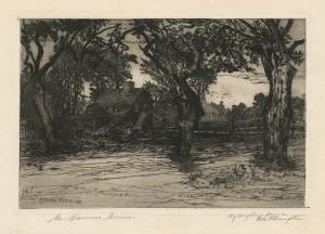 Shown in a landscape etching of black and white, a small house is nestled in a grove of trees.