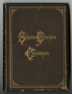 An ornate dark brown book is shown, with the title "Summer Etchings in Colorado" written in gold.