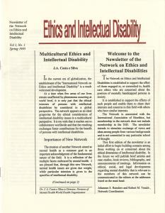 This newsletter page has the title "Ethics and Intellectual Disability" written in red at its top, with the article written in black underneath.