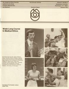 A slightly-yellowed document contains the headline "Week-Long Course in Medical Ethics" and five black and white photographs. The photographs show a man lecturing, a woman lecturing, a man raising his hand in a crowd, and two other attendees speaking and gesturing with their hands.