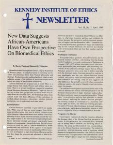 This newsletter page is decorated with an ankh and the words "Kennedy Institute of Ethics Newsletter" at the top in blue ink. The article, entitled "New Data Suggests African-Americans Have Own Perspective On Biomedical Ethics," is written in black ink below.