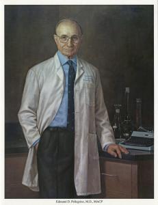 An older man wearing glasses and a lab coat stands and rests his hand on a lab table decorated with beakers and a typewriter in this painting.