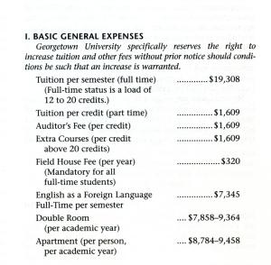Printed list of fees for Georgetown students, including a tuition charge of $19,308 per semester..