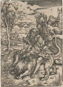 A man with long, curly hair reaches across a lion's back and grabs its head and mouth as it looks back at him and snarls. Behind this struggle is a stunning landscape of trees, mountains, and a castle.