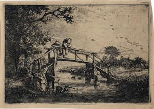 Two people stand on a bridge overlooking a pastoral stream as they hold fishing rods. Their faces are obscured by their hoods as they lean down.