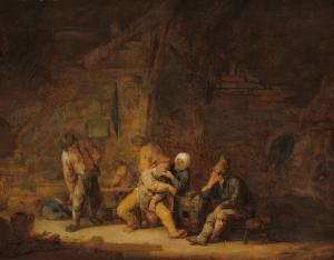 A group of peasants sit within a dimly lit room, conversing with one another and engaging in labor.