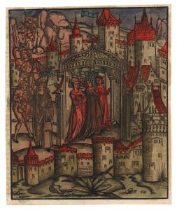 Red-roofed towers of a city surround three central female figures under a gate, as well as some other male figures and knights with horses in the background.