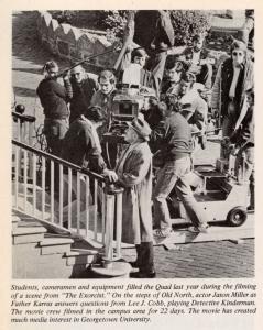 Photograph of "Exorcist" actors on the steps of Old North