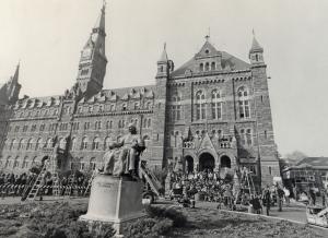 Photograph of crowd at the north entrance to Healy Hall
