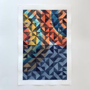 Watercolor and mixed media. Geometrical shapes in black, orange, blue, and yellow watercolor on newsprint.