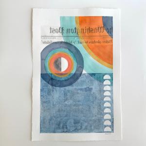 Circular bullseye shapes in blue, turquoise, orange and yellow watercolor on newsprint (front page of the Washington Post)