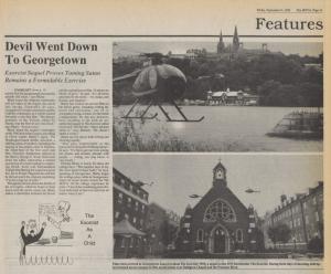 Newspaper clipping including photograph of filming in front of Dahlgren Chapel
