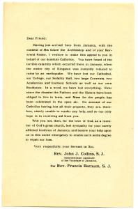 Circular letter requesting support for Jamaican mission after 1907 earthquake