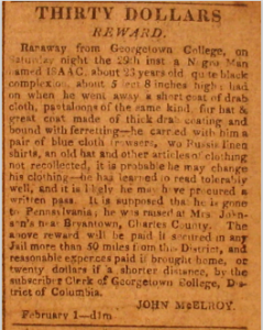 Advertisement offering reward for Isaac, a man enslaved at Georgetown College, 1814