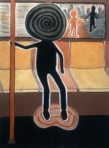 Human figure with a large circular head without a face. The figure is on a subway and 2 other figures can be seen outside of the window who are holding hands
