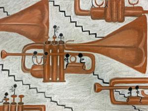 Trumpets with small stick figures on the valves and keys.
