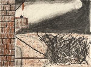 Drawing depicting kindling ready to be set on fire and a sun in the background