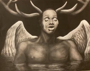 Charcoal drawing of a young man emerging from water with large wings on his back, antlers on his head, and thick white tears falling from totally white eyes 