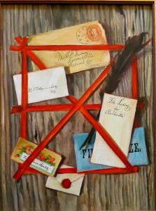 Oil painting of a wooden board with different letters, a feather, and a red ribbon attached to it.