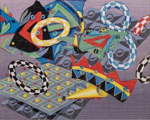 Painting of different colored tori rings and other objects, like a checkerboard, around each other.