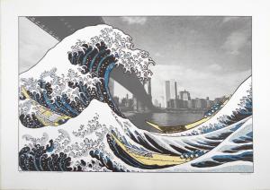 Drawing of a large blue wave coming over a black and white photograph of the Brooklyn Bridge and part of the New York City skyline.