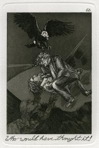Man and woman fighting on a rock. An eagle is swooping in, and a furry creature with a human face is climbing up the rock to the figures. 