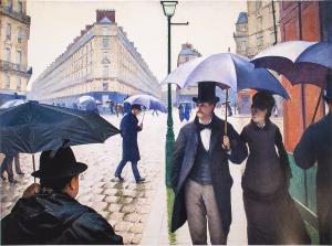 Digital print of people from the late 1800s walking down the street in the rain. Many of them are holding umbrellas.