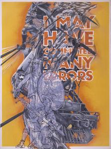 Orange poster with different objects and symbols of war and technology, such as planes, trains, and a Boy Scout.