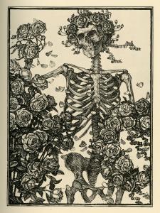 Etching of a skeleton surrounded by roses and wearing a crown of roses.