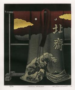 Kimono with gold clouds and a large wave on it. The kimono is hanging on a rack.