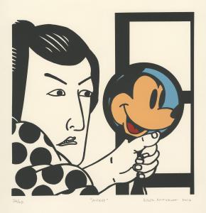Side profile of someone's face as they look into a handheld mirror. Their reflection is the face of the cartoon character Mickey Mouse.