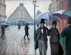 Painting of a few people from the late 1800s walking down the street in the rain. Many of them are holding umbrellas.