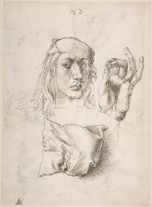 Bust of a man wearing a cap and holding up his hand. Lower on the page there is a pillow.