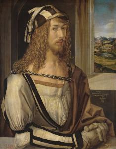 Painted portrait of a man holding his hands and sitting in front of a window with a hat and other robes on.