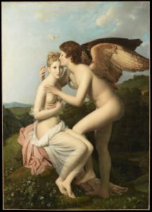Painting of Cupid kissing a seated woman on the forehead. The two figures are in a hilly green landscape.