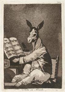 Image of a donkey wearing a suit and sitting down. It is holding an open book with silhouettes of different animals on the page.