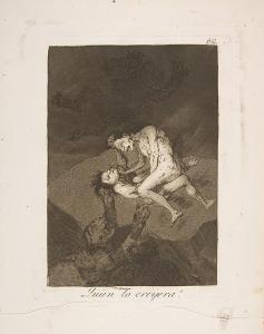 Two nude men fighting on a rock. A monster is coming up the rock and trying to grab the men.