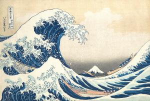 Print of a large blue wave against a beige sky.